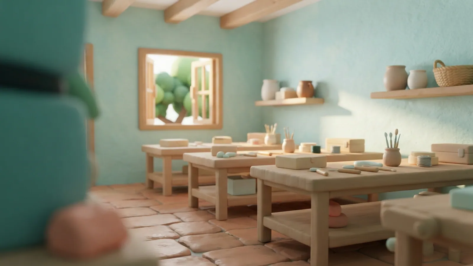 A wide shophouse interior with empty workbenches and craft supplies in soft light.