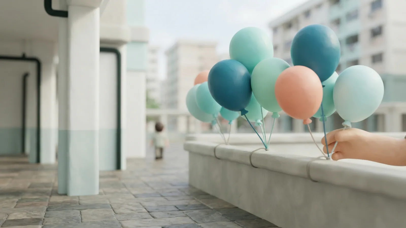 Plain round balloons in cyan, mint, and peach tied to a void deck railing.
