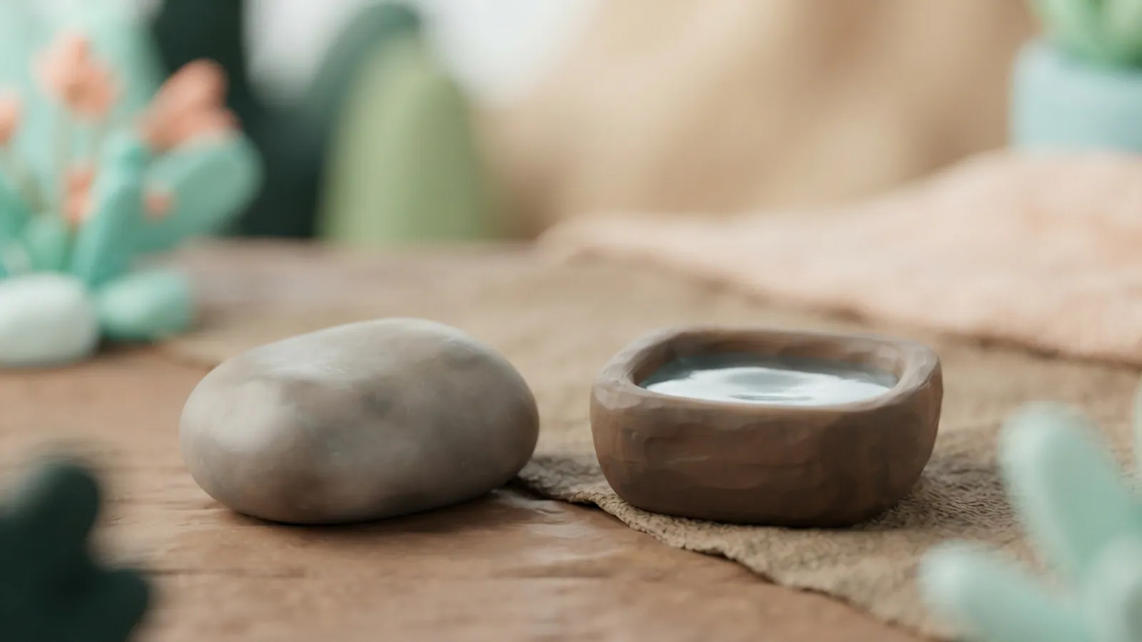 A smooth stone beside a small wooden offering bowl with water in soft light.