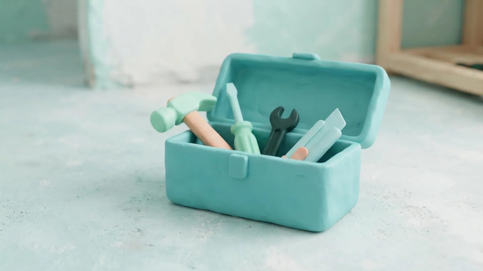 A slightly open toolbox with plain tools on a concrete floor in an HDB flat.