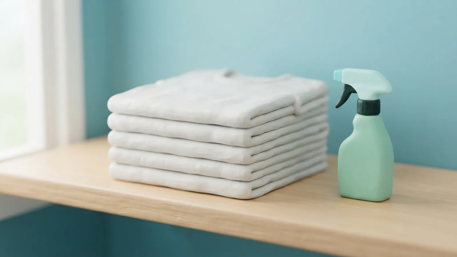 A stack of folded white t-shirts and an unlabelled spray bottle on a wooden shelf.