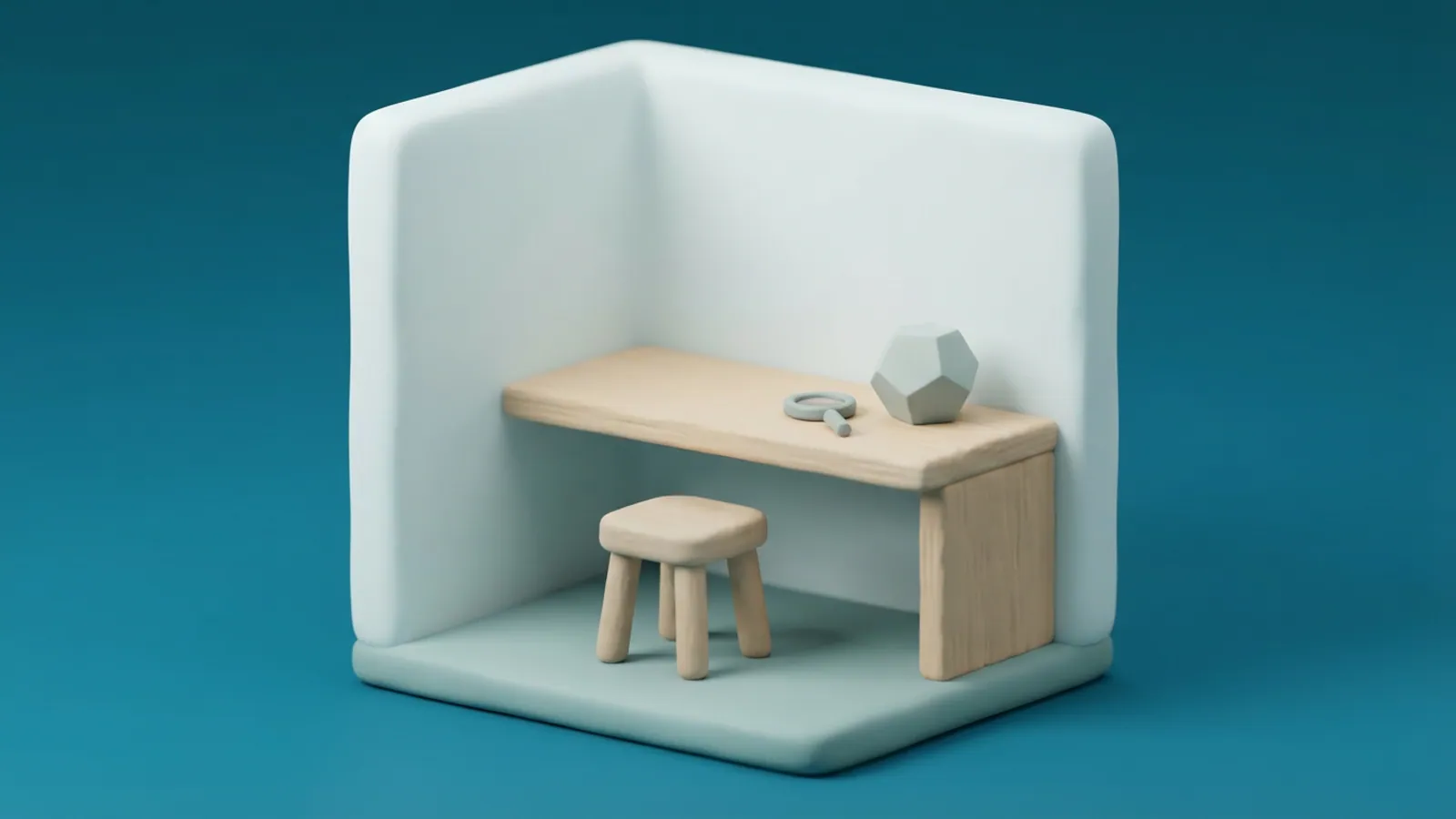 An empty HDB study nook with a wooden desk, a stool, a magnifying glass, and a geometric shape.