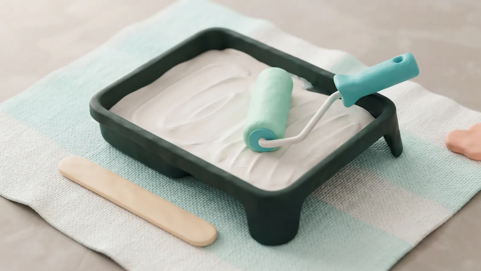An overhead view of a paint tray with white paint, a roller, and a wooden stirrer on a striped drop cloth.