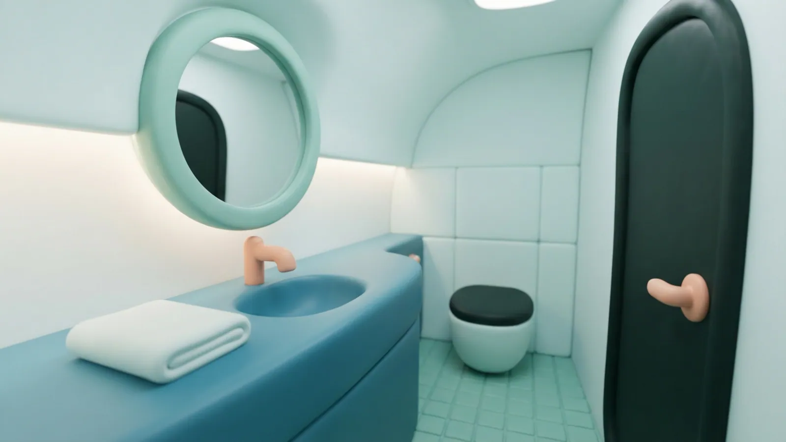 An empty, sleek lavatory with a plain towel on the counter.