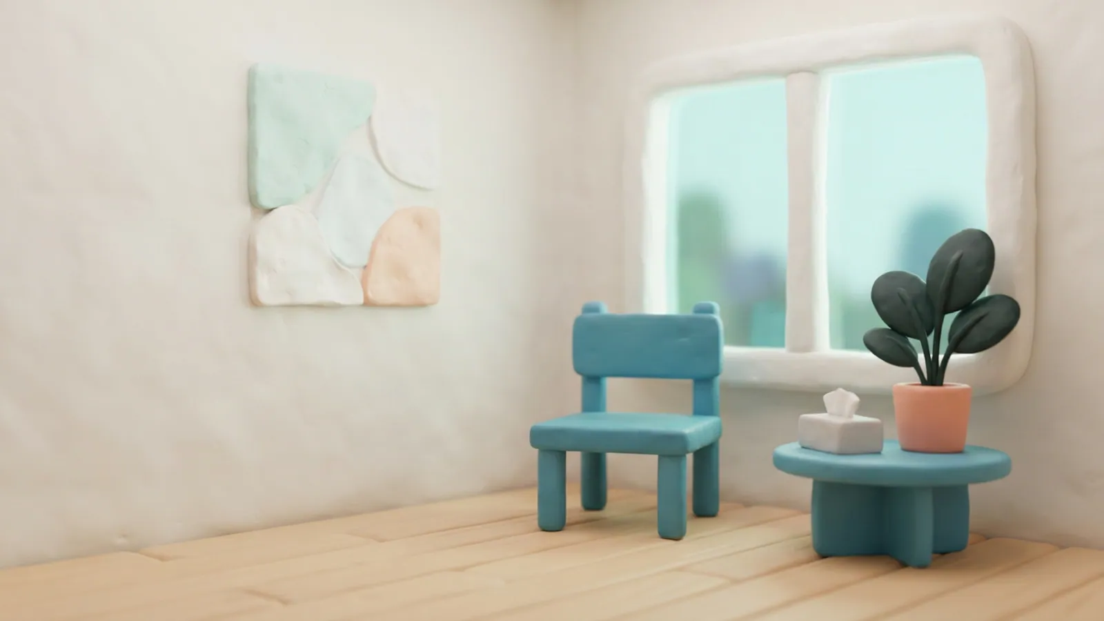 A quiet consultation room with an empty blue chair, a tissue box, and a plant.
