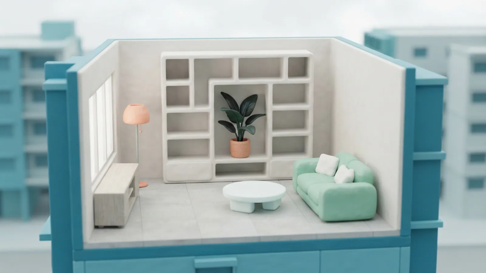 An isometric cutaway of an HDB living room with plain shelves, a tropical plant, a couch, a coffee table, and a floor lamp.