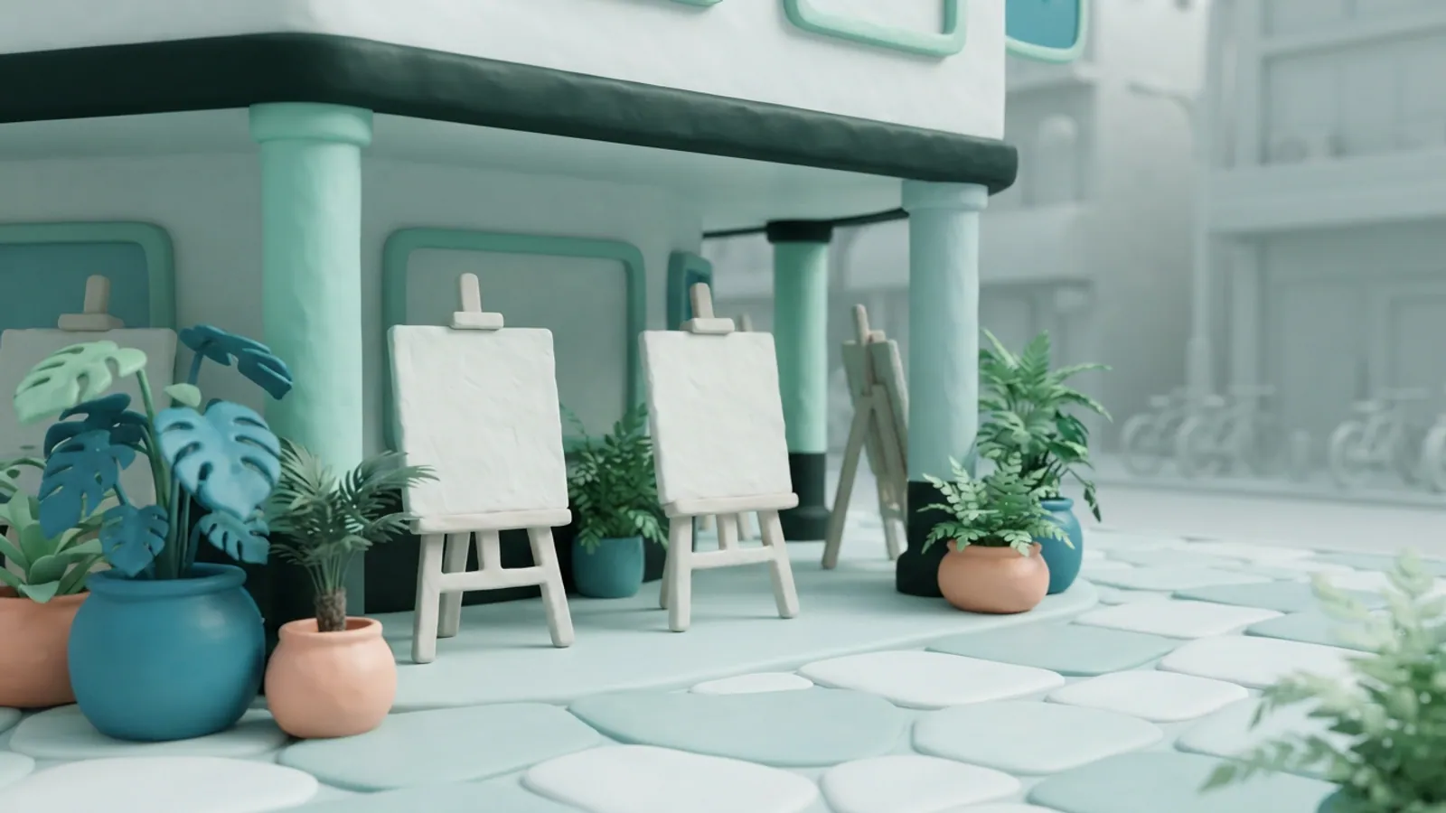 An empty community center courtyard with plain easels and tropical plants under a sheltered walkway.