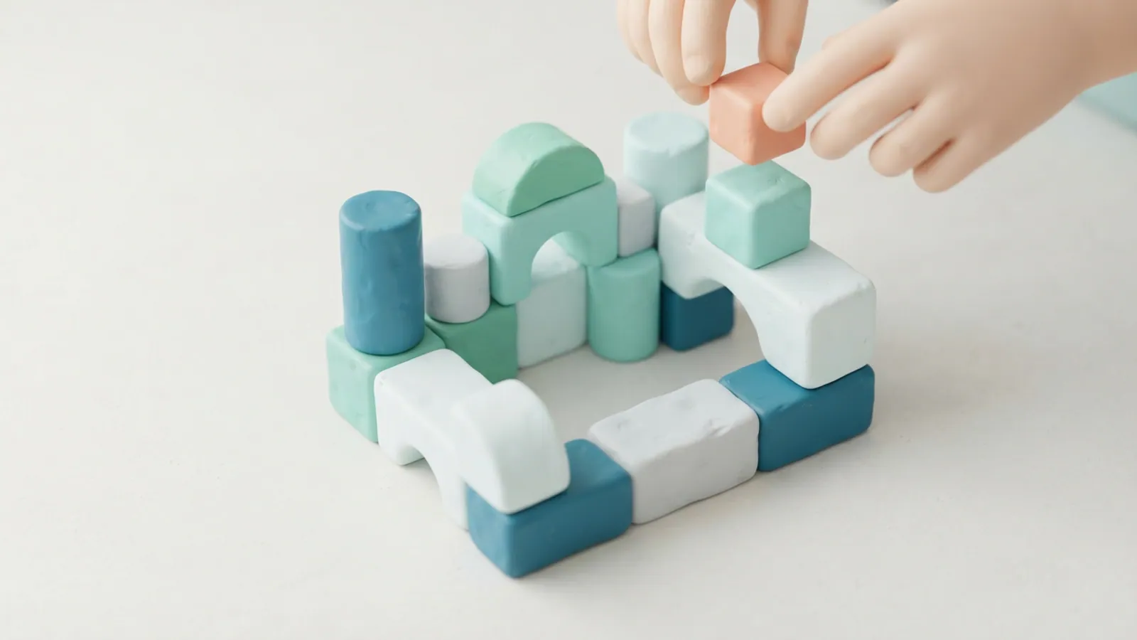 A child's hands are placing a peach-colored block onto a structure made of blue, mint green, and white blocks.