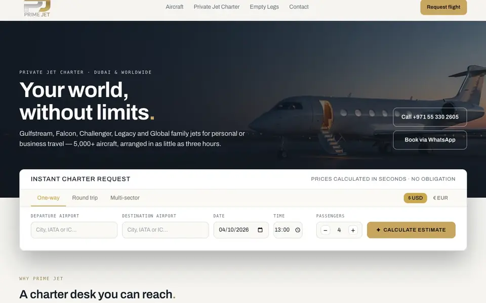 Prime Jet Services website homepage, 4 Oct 2026