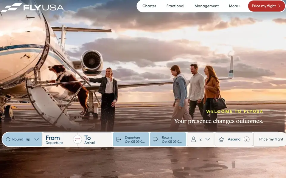 FlyUSA website homepage, 4 Oct 2026