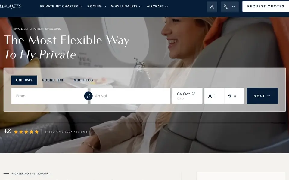 LunaJets website homepage, 4 Oct 2026