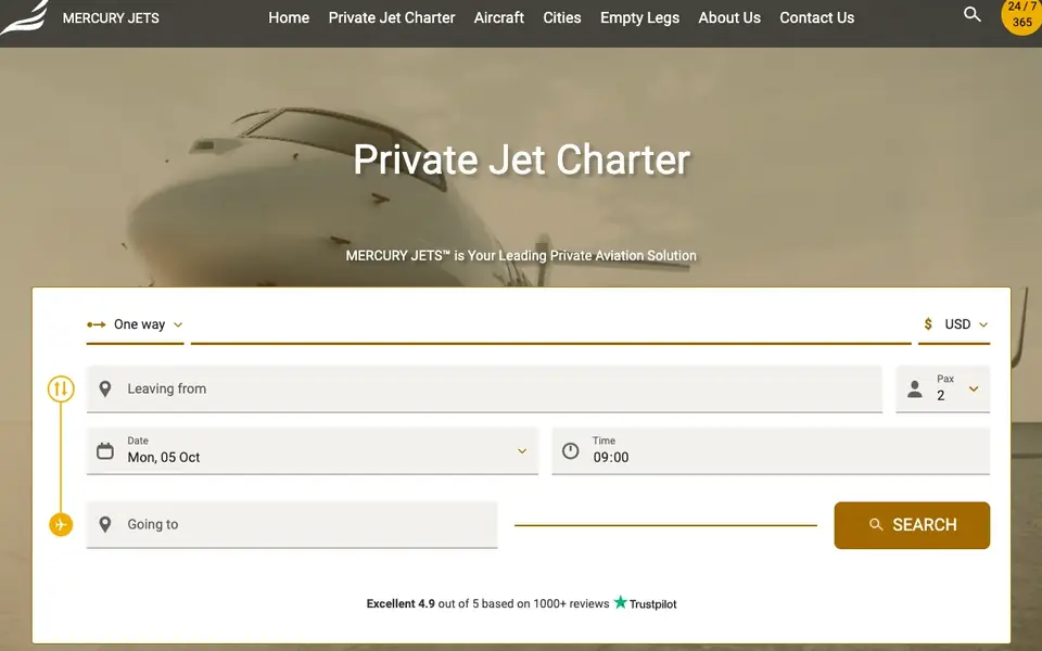 Mercury Jets website homepage, 4 Oct 2026